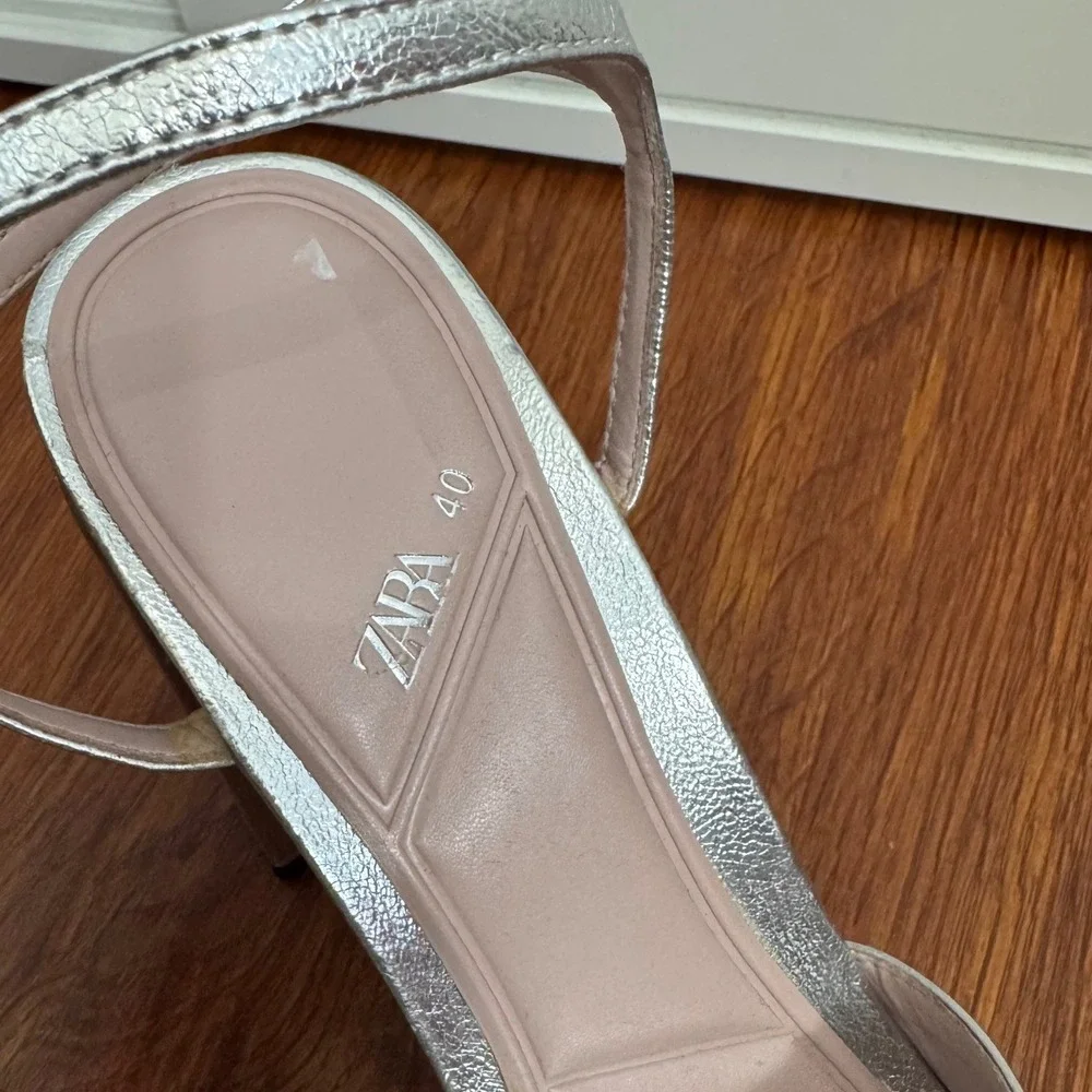 Zara Metallic Silver Platform Block Heel Sandals EU 40 Disco Party Retro Glam - Picture 9 of 12